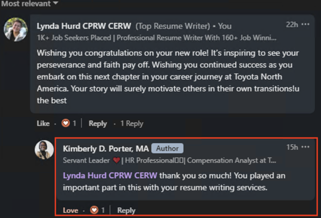 LinkedIn inbox message from a Lhurd Resume client