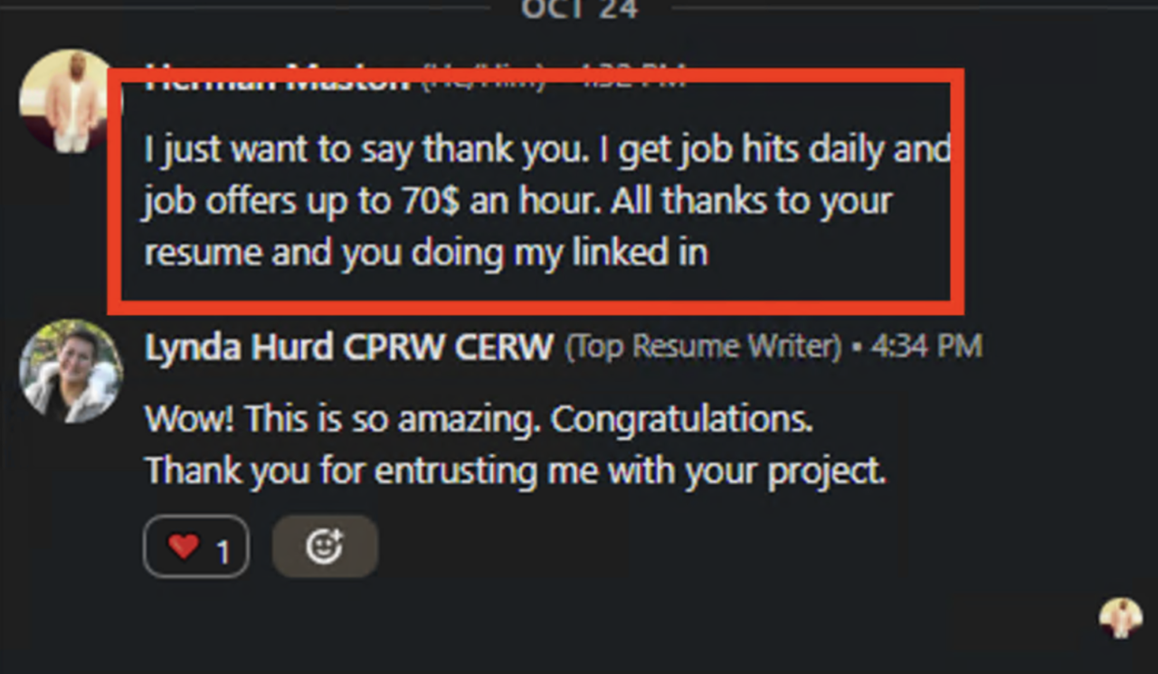 LinkedIn inbox message from a Lhurd Resume client