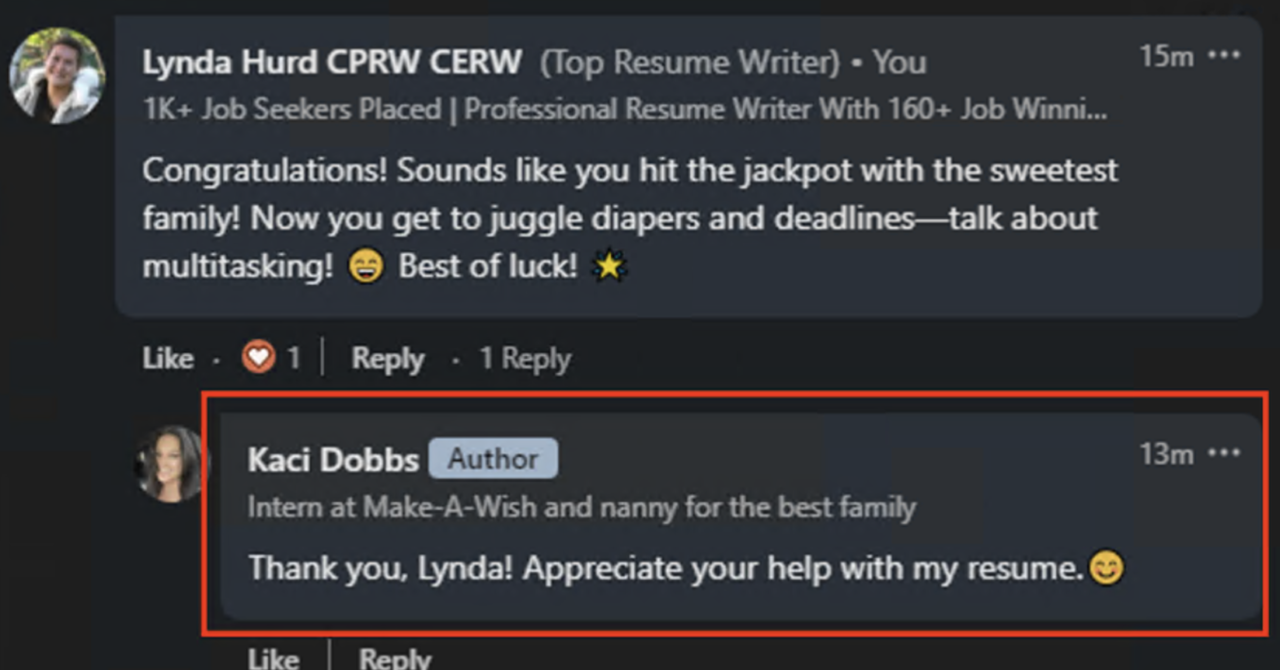 LinkedIn inbox message from a Lhurd Resume client