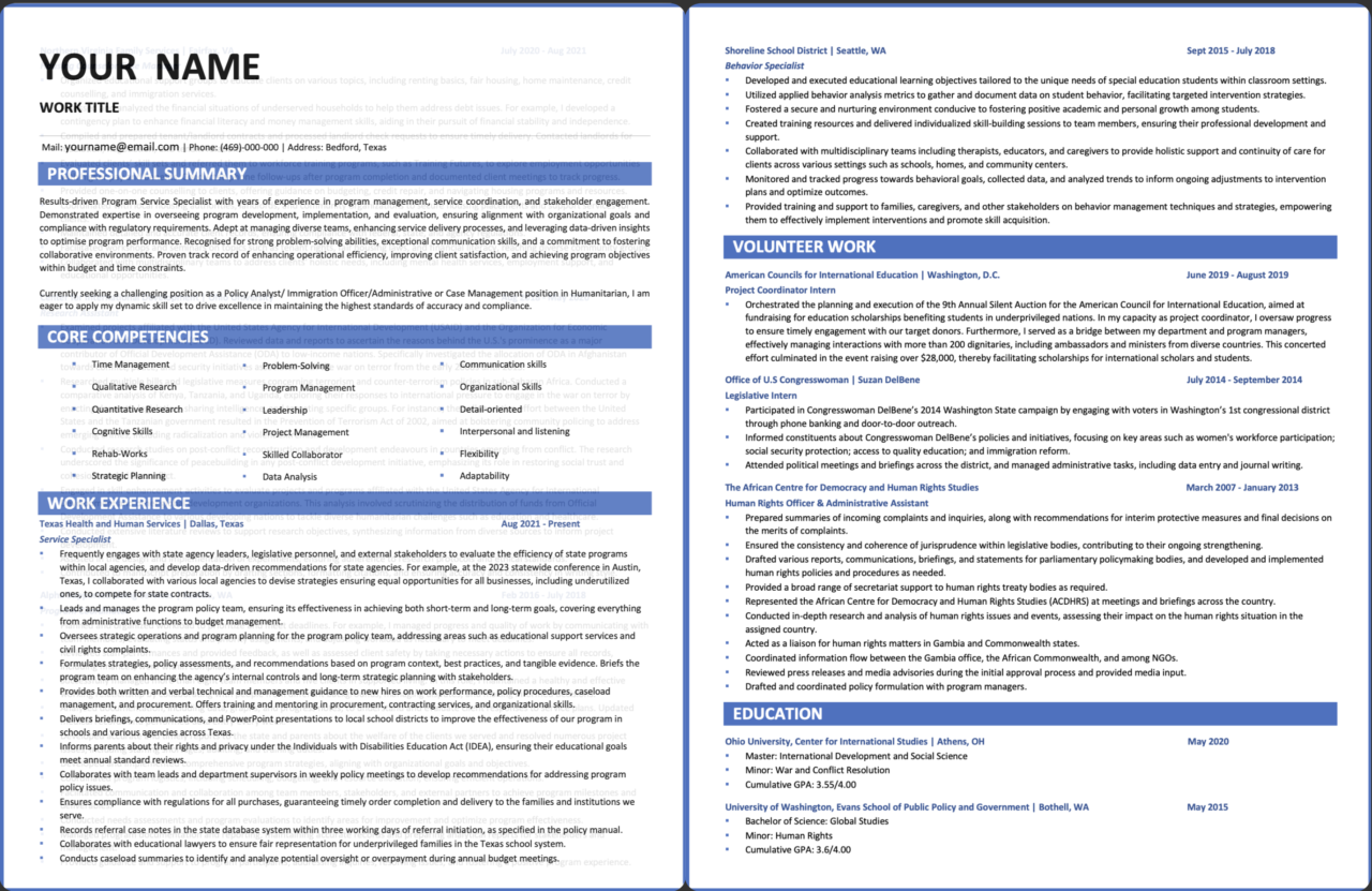 Page two of a Lhurd Resume sample, showing volunteer work and education sections